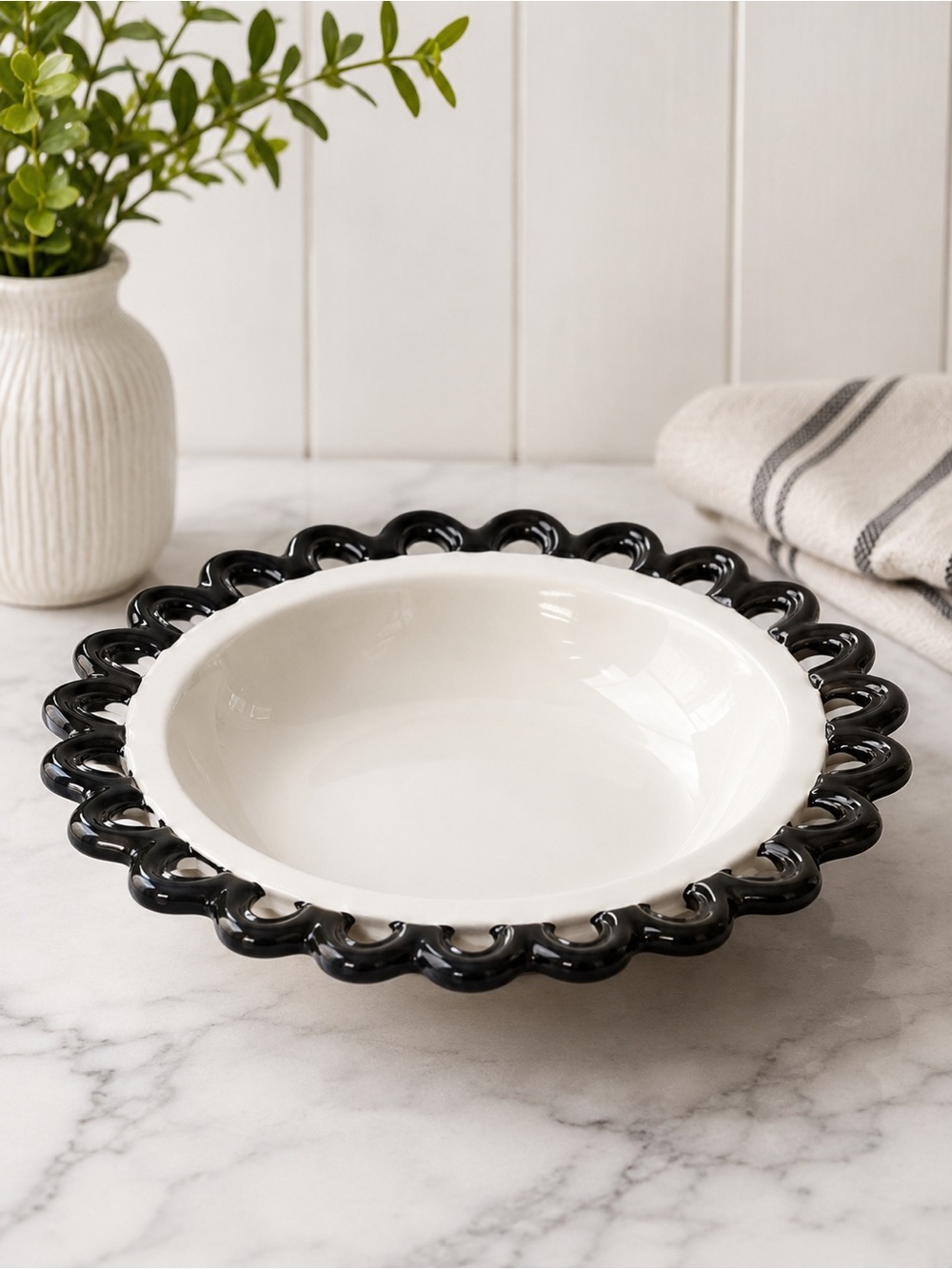 Black White Ceramic Serving Bowl Scalloped Lace Rim 8” Decorative Centerpiece